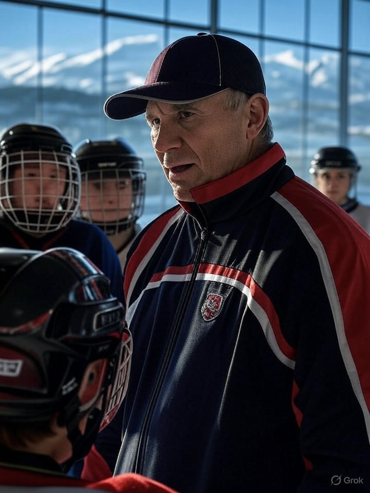 Ultra-realistic 8K image of a hockey coach speaking to young players on the ice, with a backdrop of the Rocky Mountains visible through arena windows