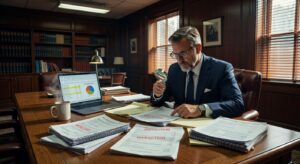 Ultra-realistic 8K photograph of a professional investigator examining financial documents at a large wooden conference table with redacted nonprofit reports, dramatic lighting, shallow depth of field