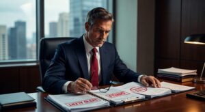 Ultra-realistic 8K image of a professional business person examining financial documents with red fraud warning stamps, dramatic lighting, serious expression, modern office setting