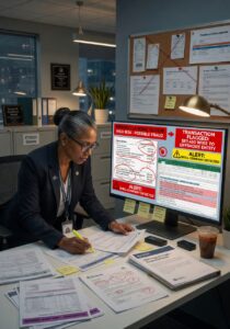 Ultra-realistic 8K image of a professional investigator examining financial documents with red fraud alerts highlighted on a computer screen in a modern nonprofit office