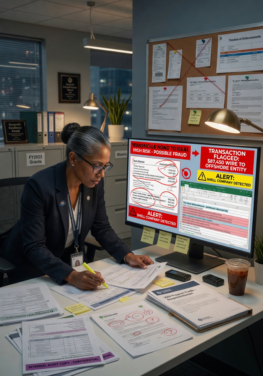 Ultra-realistic 8K image of a professional investigator examining financial documents with red fraud alerts highlighted on a computer screen in a modern nonprofit office