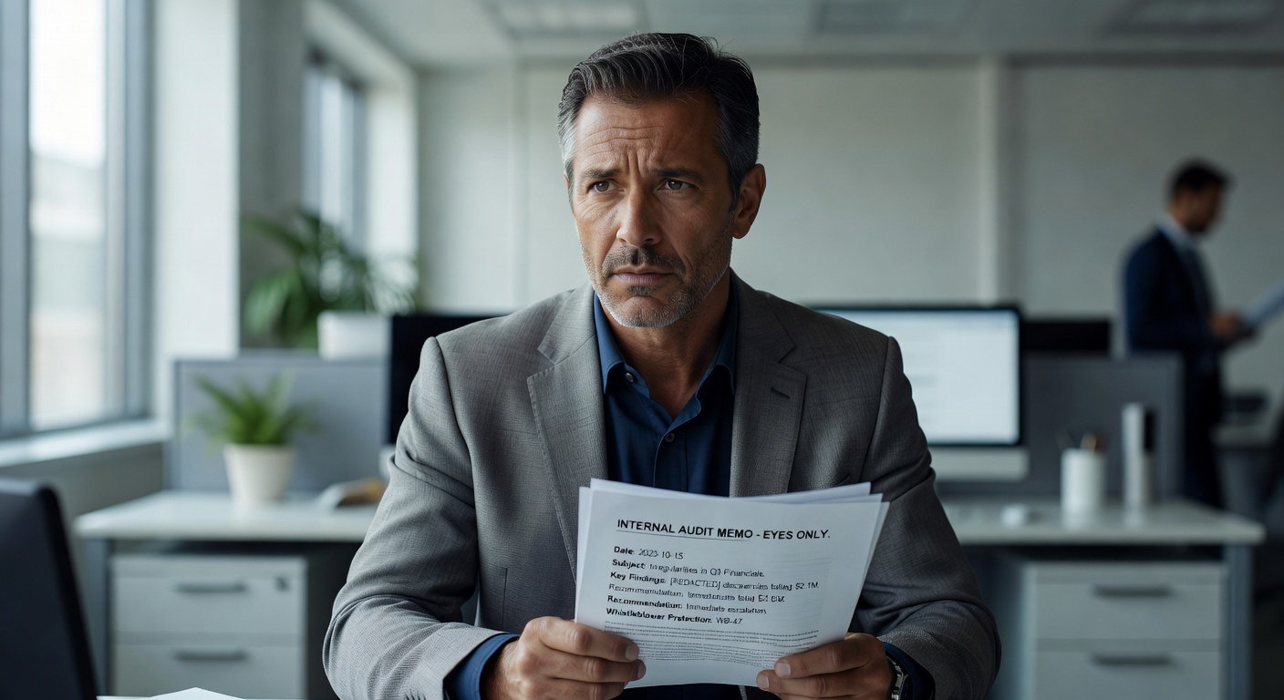 Ultra-realistic 8K portrait of a whistleblower looking concerned while holding documents in an office environment, natural window light