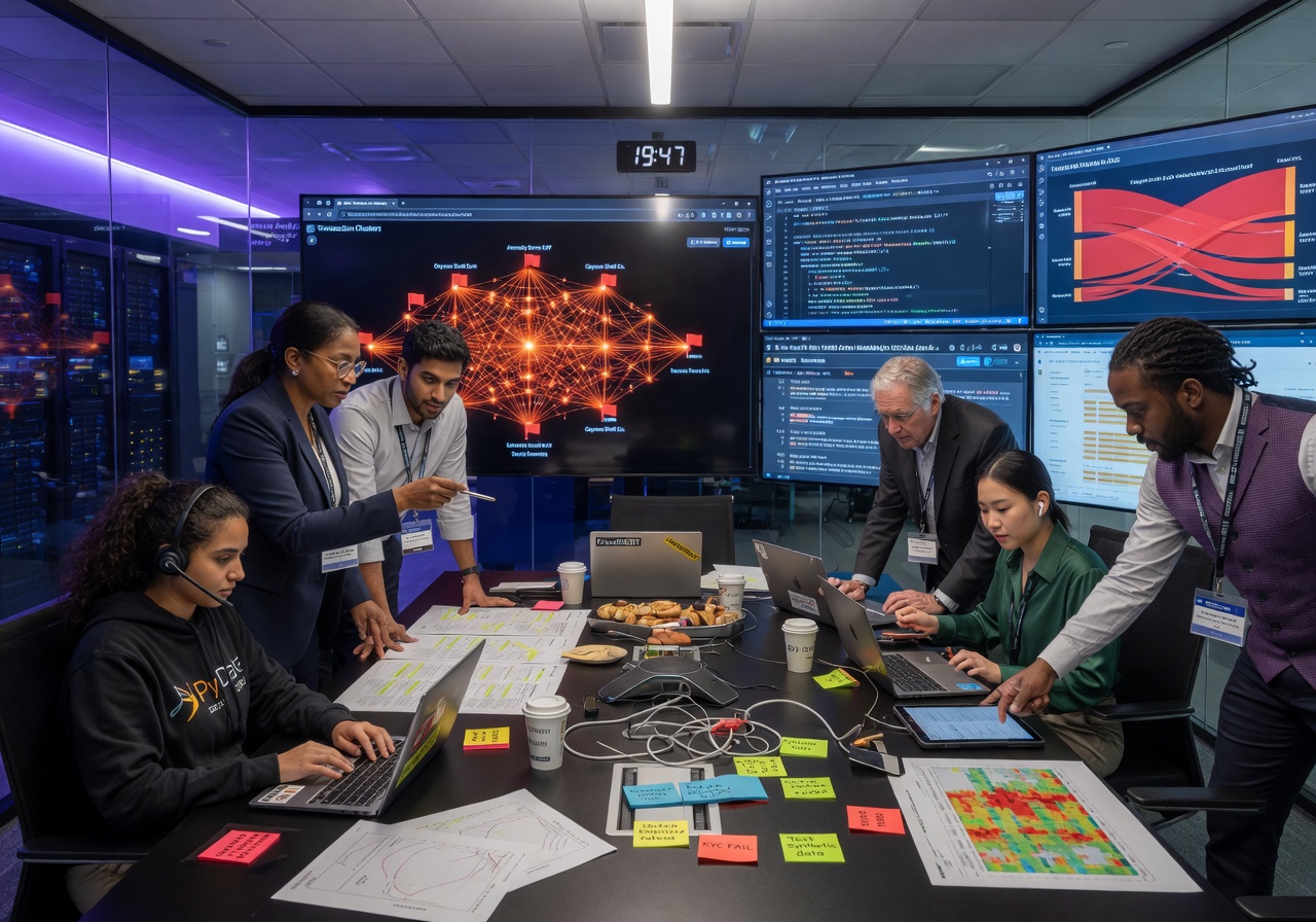 Ultra-realistic 8K image of diverse team of auditors and data scientists collaborating on fraud detection strategy in a high-tech conference room