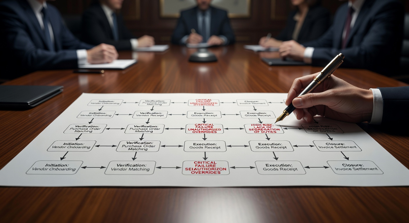 Detailed 8K visualization of internal control flowchart with several critical failure points highlighted in red, professional business style