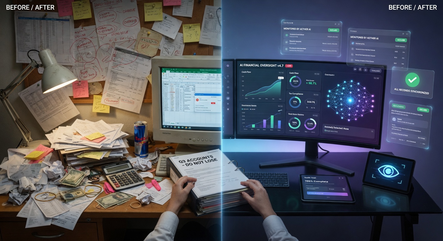 Ultra-realistic 8K photograph showing before and after split screen of chaotic financial records transforming into organized AI-monitored system