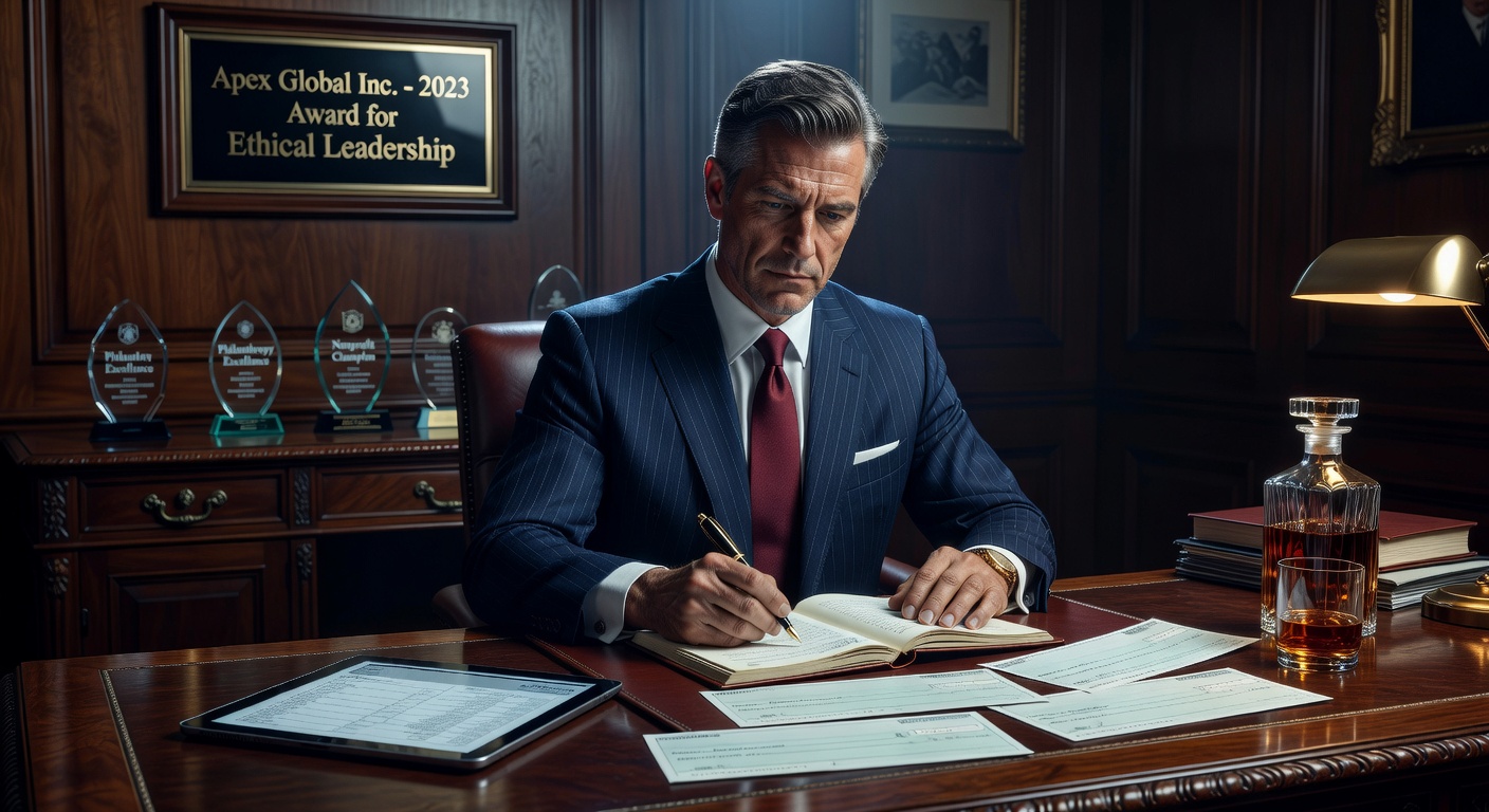 Hyper-realistic 8K image of sophisticated executive writing fraudulent checks at an antique desk with nonprofit awards in background