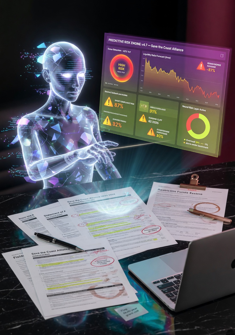 Ultra-realistic 8K image of a glowing holographic AI assistant analyzing nonprofit financial statements with predictive risk indicators