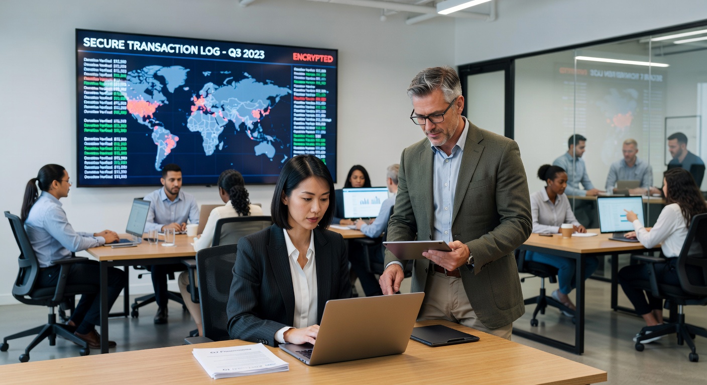 Ultra-realistic photograph of a secure modern nonprofit finance department with multiple staff members reviewing transactions, bright office