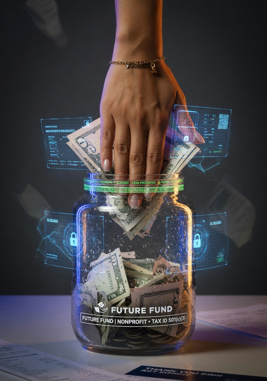Ultra-realistic 8K close-up of a hand preventing money from leaking from a nonprofit donation jar using digital AI security barriers