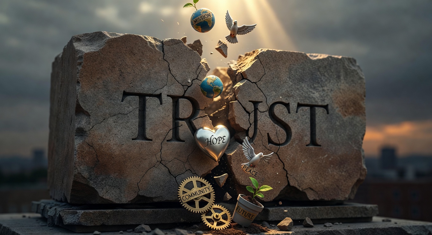 Dramatic 8K conceptual image showing a large crack in a stone foundation labeled 'Trust' with nonprofit symbols falling through