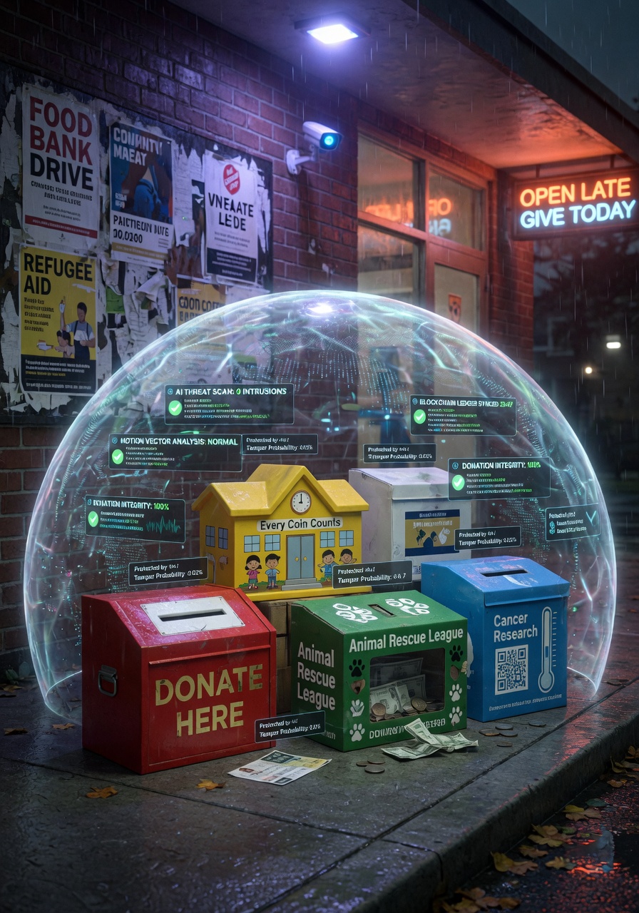 Ultra-realistic 8K image of various charity collection boxes being protected by an invisible AI-powered security dome with data streams