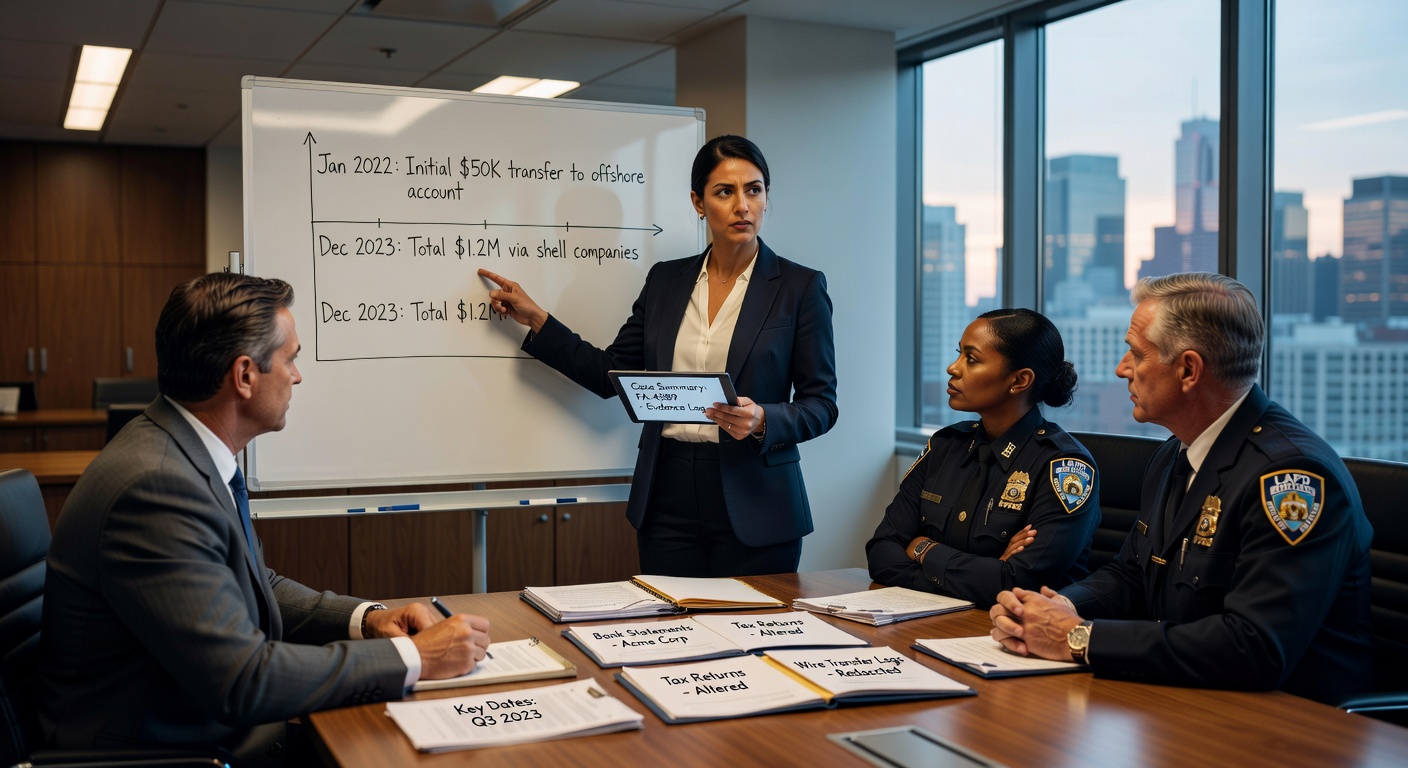 Professional 8K image of forensic accountant presenting evidence of embezzlement to law enforcement officials in a modern office
