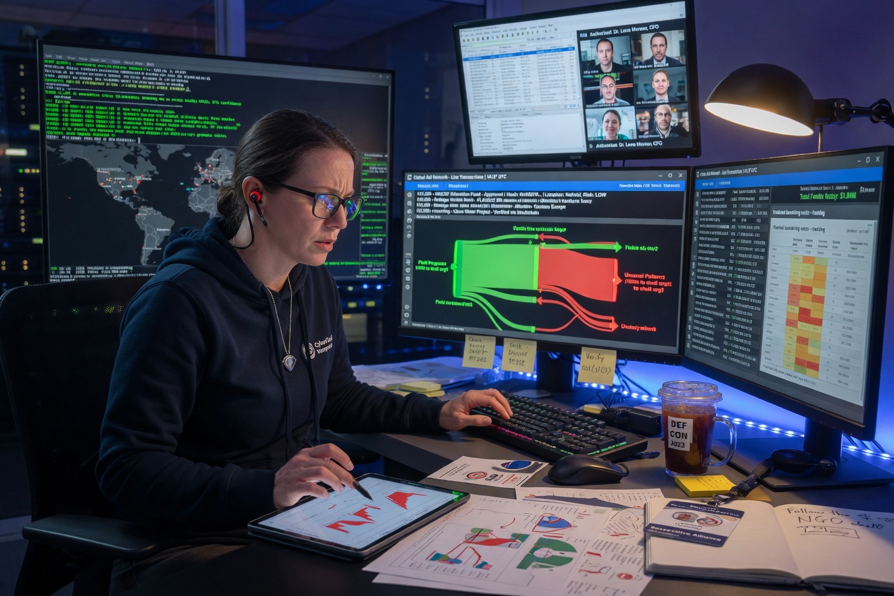 Ultra-realistic 8K cinematic shot of a female cybersecurity expert monitoring multiple screens displaying nonprofit financial transactions in real-time