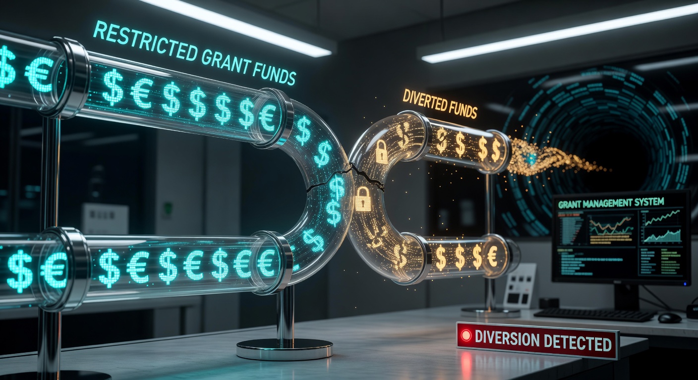 Ultra-detailed 8K visualization of restricted grant funds being diverted shown through transparent financial pipes, conceptual