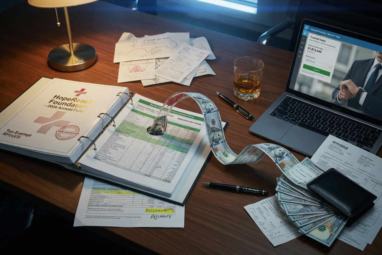 Ultra-realistic 8K image of abstract representation of embezzlement showing money being siphoned from a charitable organization into personal accounts
