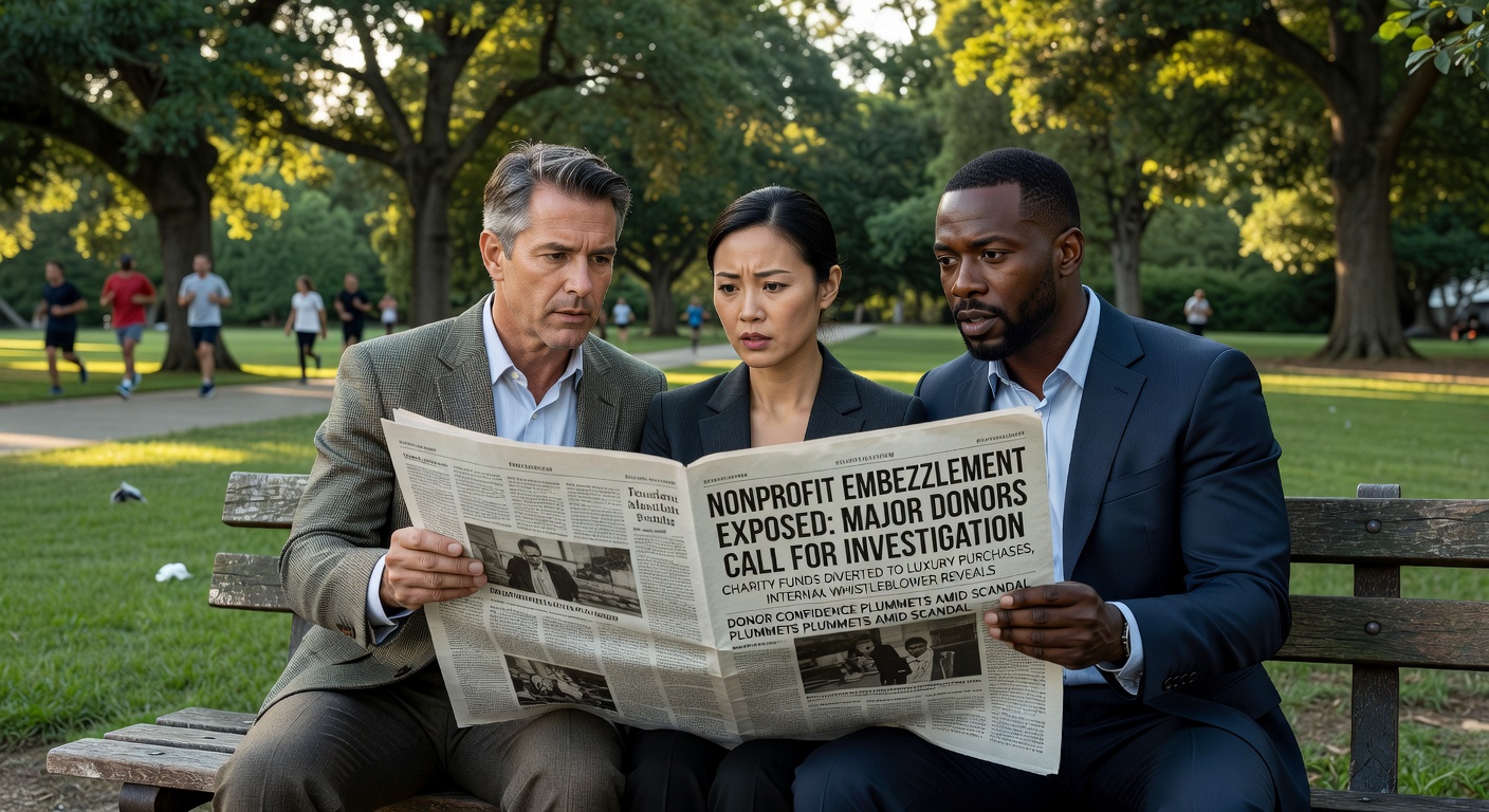 Hyper-realistic 8K photograph of concerned donors looking at newspaper headlines about nonprofit scandal, outdoor setting