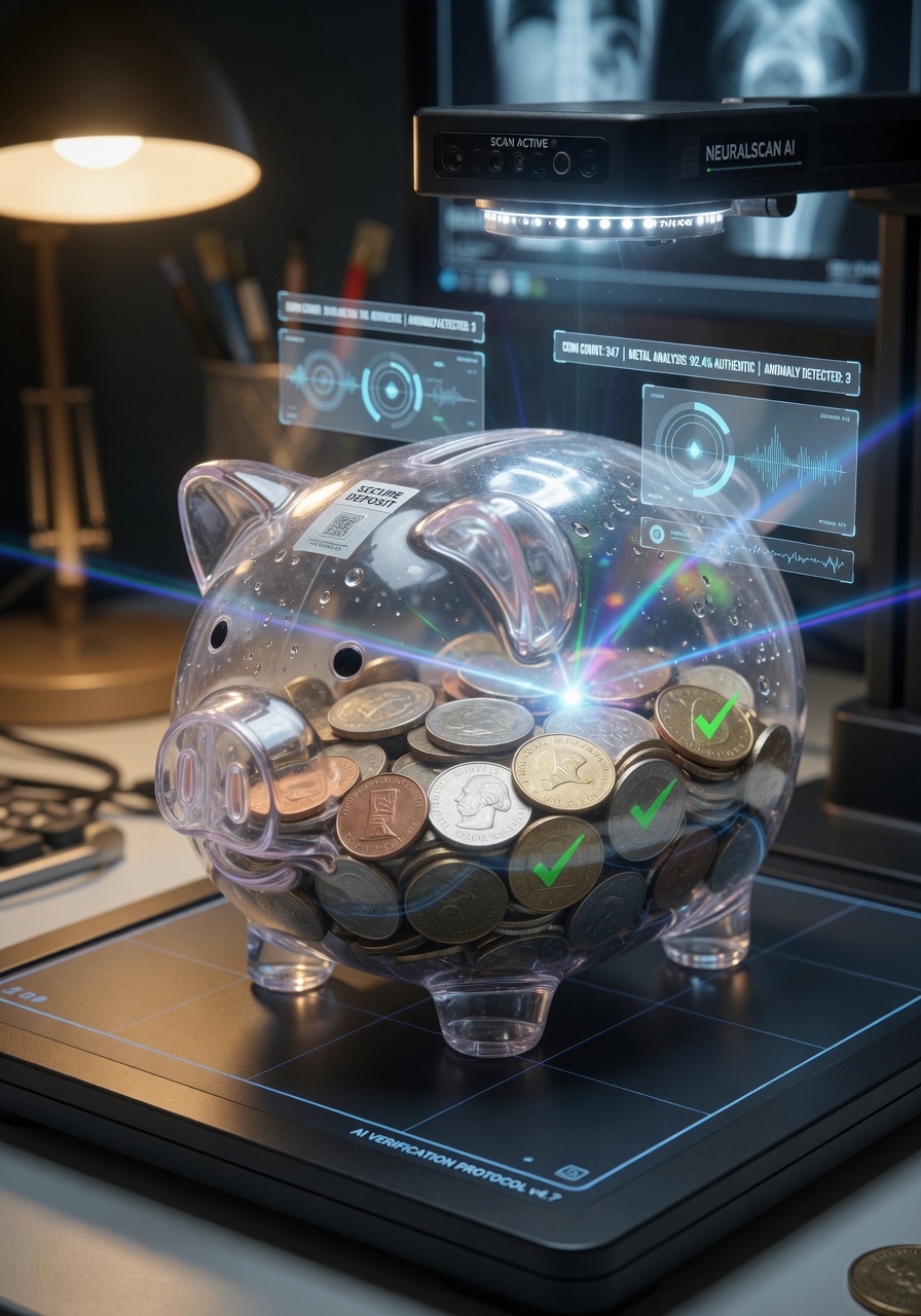 Ultra-realistic 8K photograph of a transparent piggy bank filled with coins being scanned by artificial intelligence for security verification