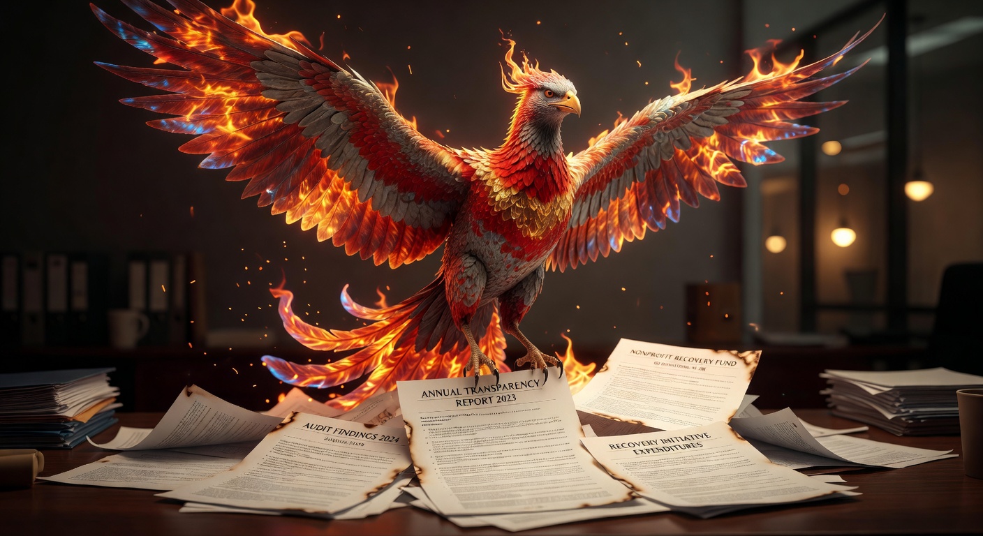 Cinematic ultra-realistic 8K closing image of a phoenix rising from financial documents representing nonprofit recovery and transparency
