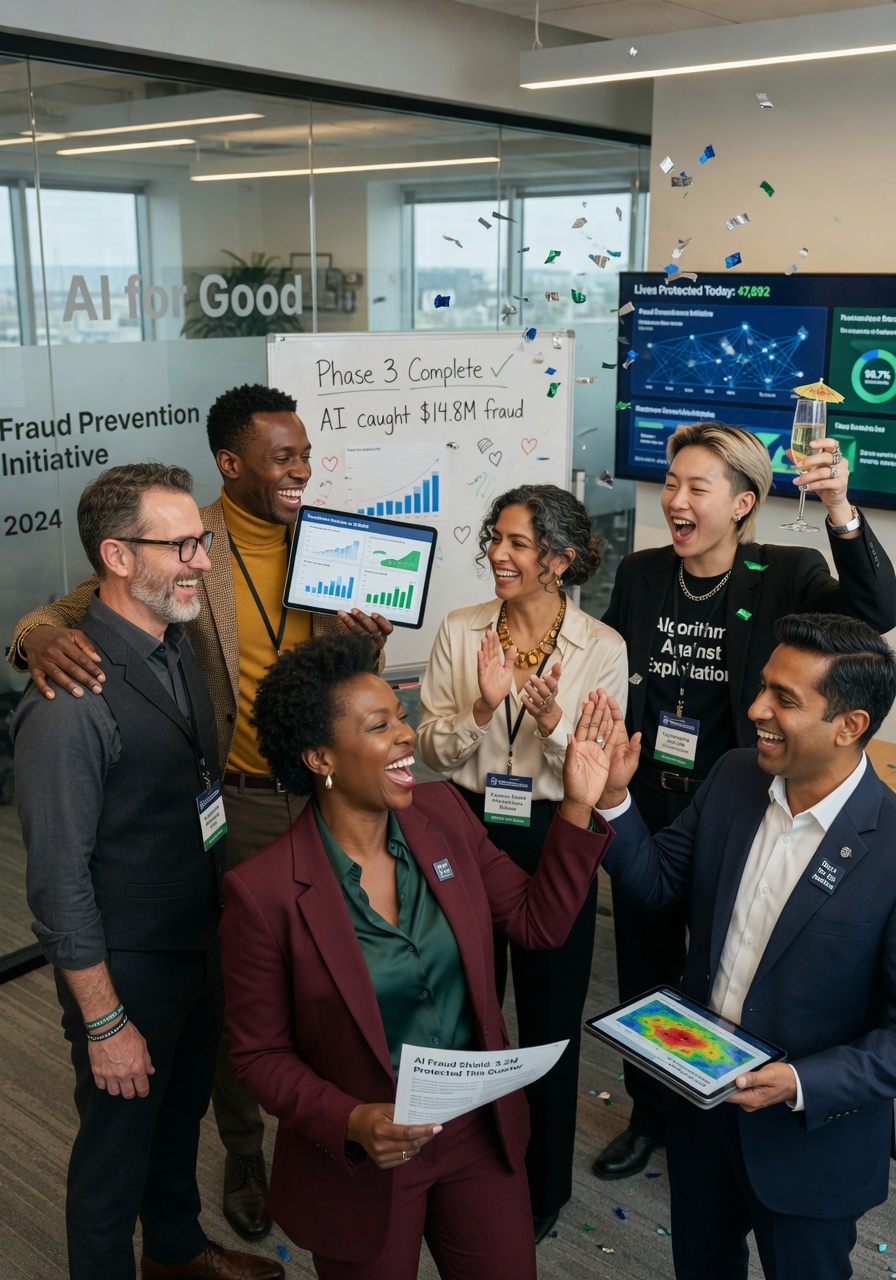 Ultra-realistic 8K inspirational image of a diverse group of nonprofit professionals celebrating successful implementation of AI fraud prevention systems