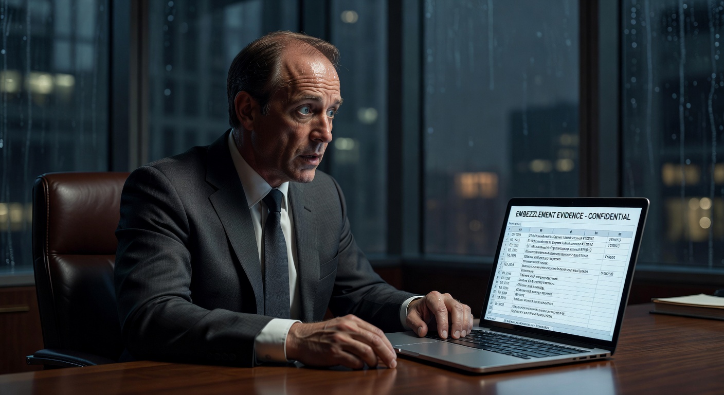 Hyper-detailed 8K image of a distressed nonprofit executive in a luxury office looking at embezzlement evidence on a laptop screen, dark corporate atmosphere