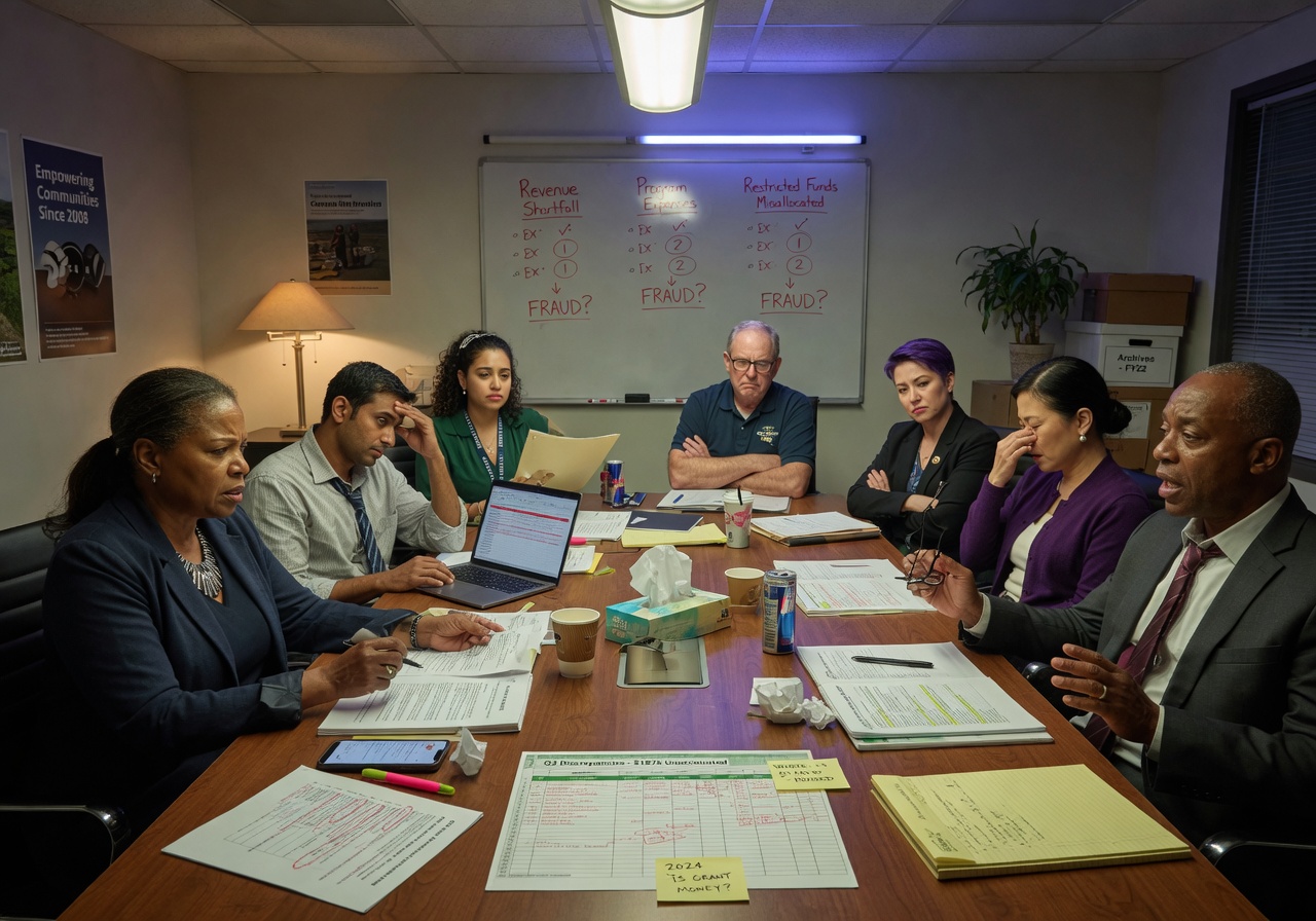 Ultra-realistic 8K photograph of a distressed nonprofit board meeting discussing financial discrepancies, diverse professionals with serious expressions around a conference table
