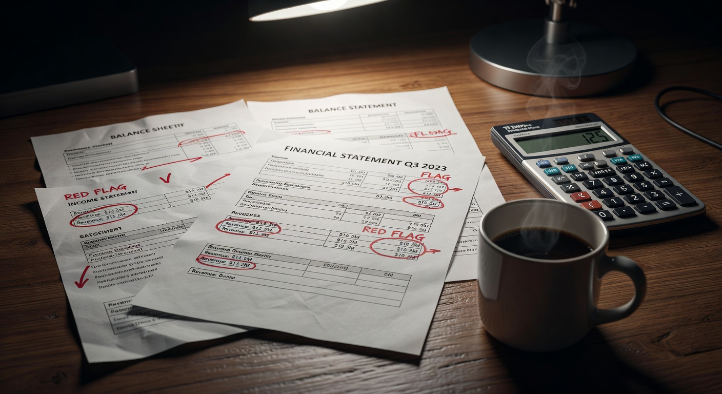 Ultra-realistic forensic accounting scene showing red flags highlighted on financial statements with calculator and coffee, 8K resolution, photorealistic
