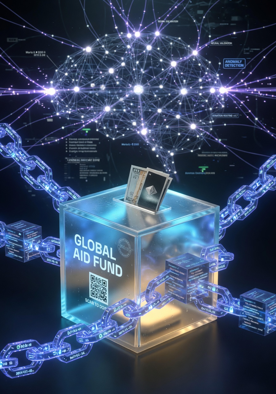 Ultra-realistic 8K cinematic image of digital blockchain chains protecting a glowing nonprofit donation box with AI neural networks in the background