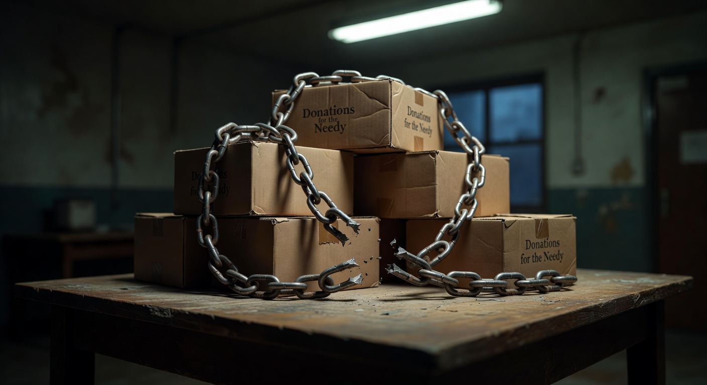 Dramatic 8K photograph of empty nonprofit donation boxes with broken chain lock symbolizing fraud, moody cinematic lighting