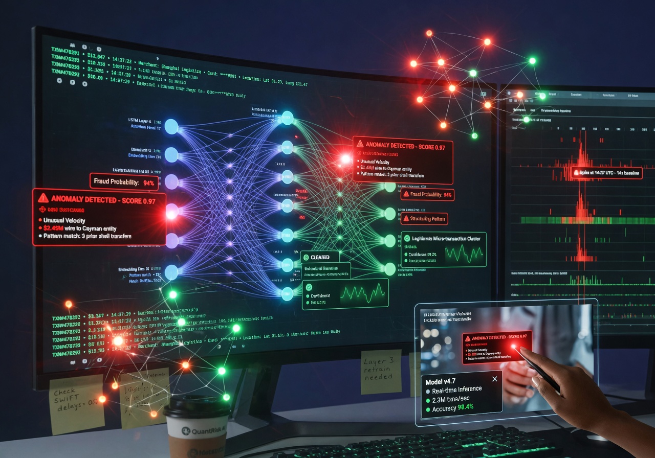 Ultra-realistic 8K image showing artificial intelligence neural networks analyzing financial transaction data with anomaly detection alerts in red and green