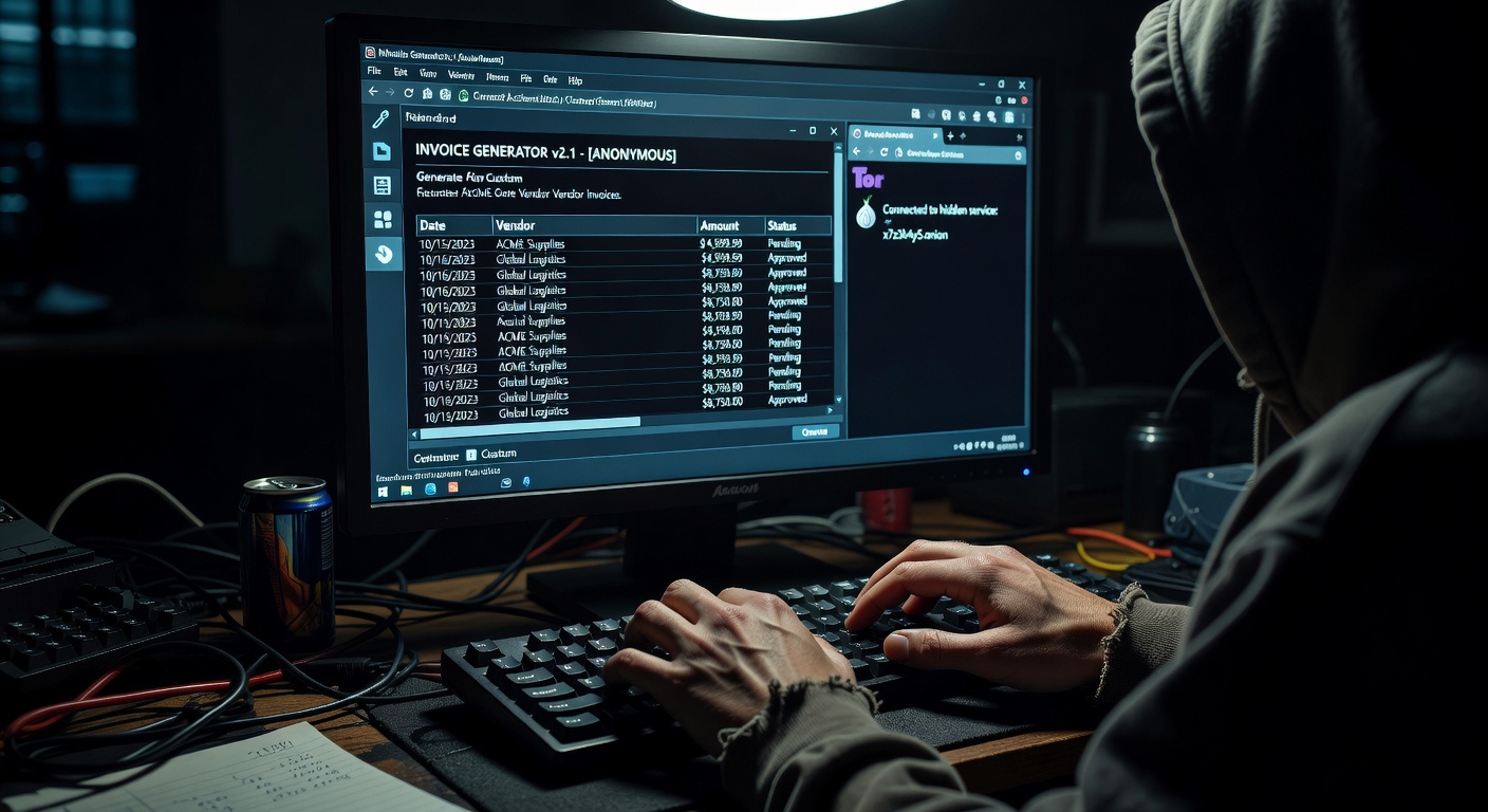 Ultra-realistic close-up of hands typing on a keyboard creating fake vendor invoices in accounting software, dark web aesthetic, 8K