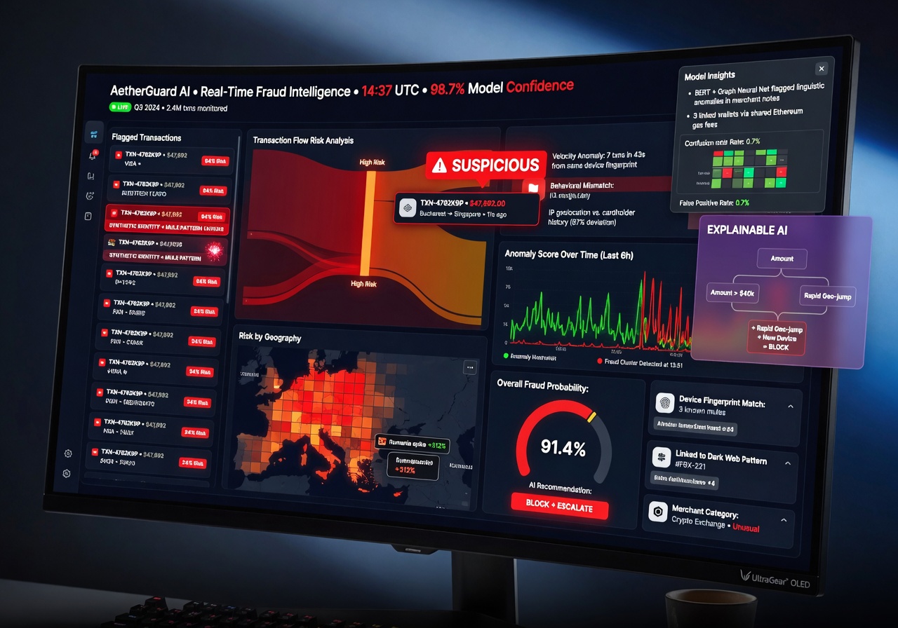 Ultra-realistic 8K close-up of a sophisticated fraud detection dashboard with AI analytics, graphs, and suspicious transaction flags on a high-end monitor