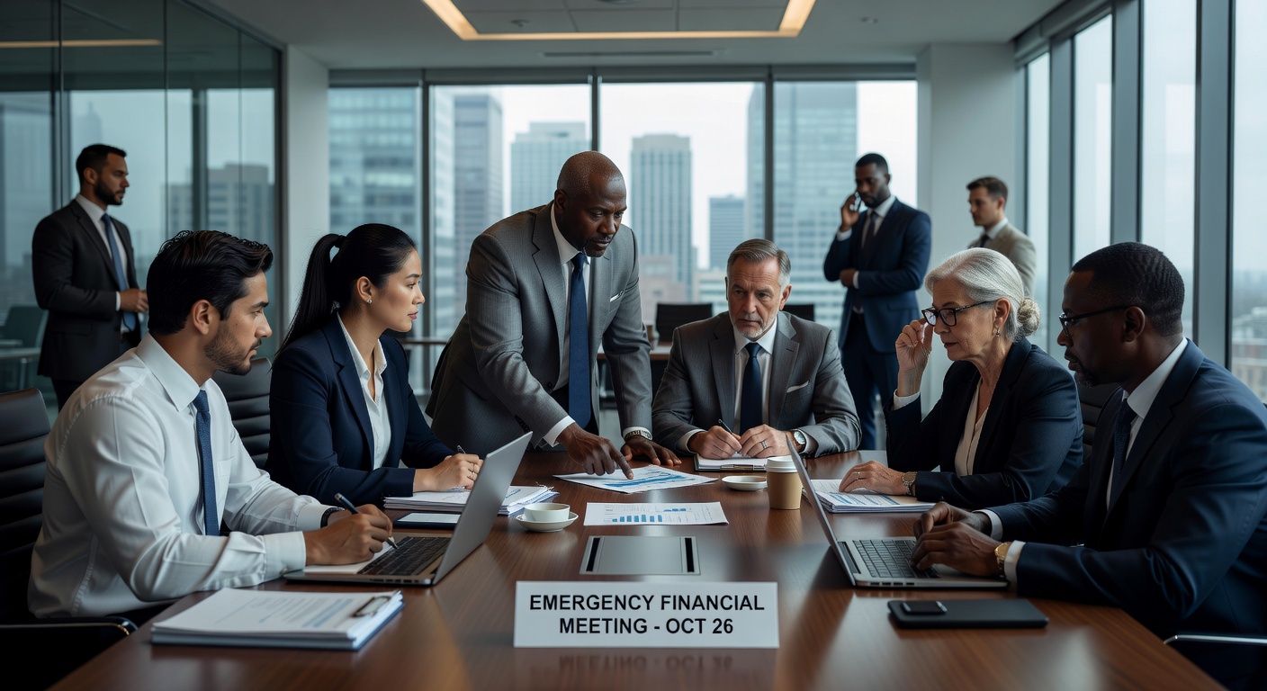 Professional 8K image of diverse nonprofit board members in serious discussion during emergency financial meeting, modern conference room