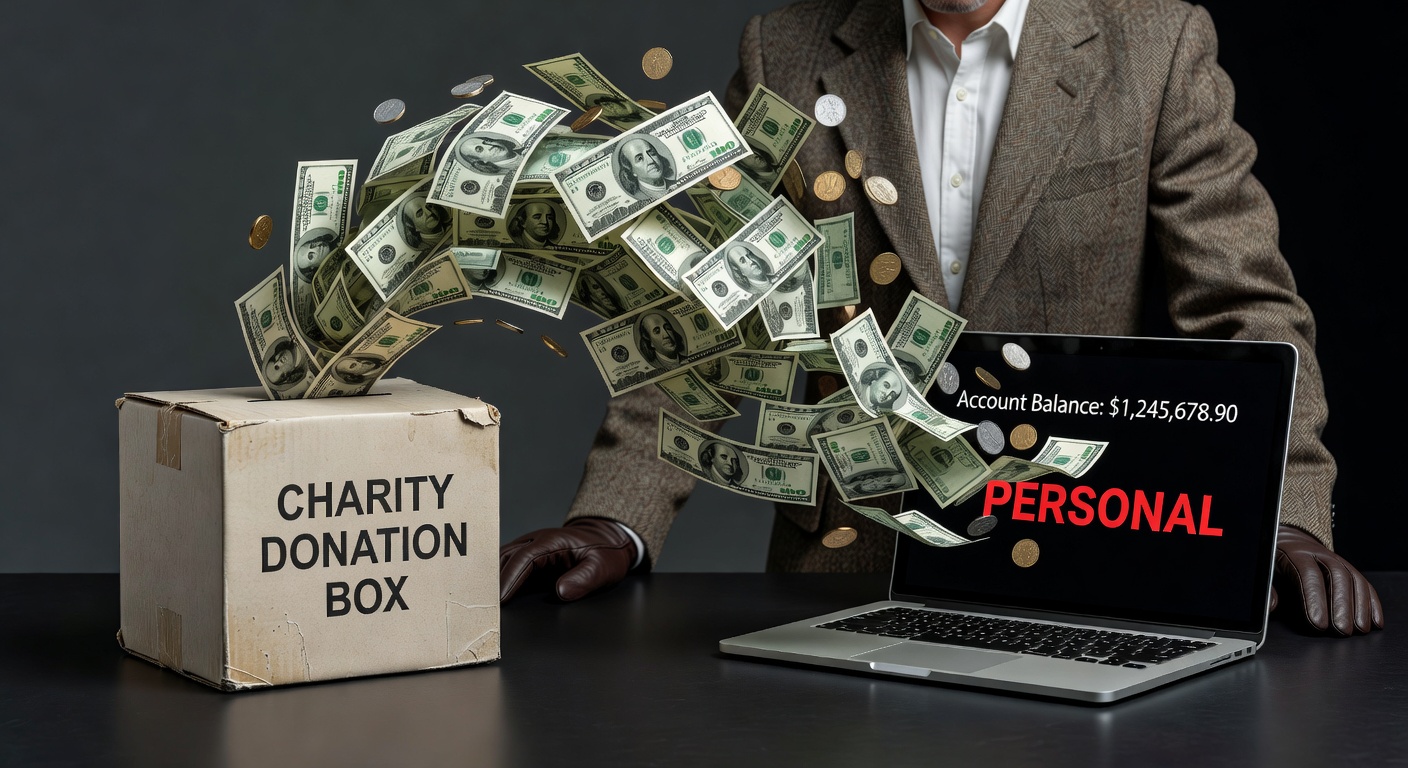 Hyper-realistic 8K visualization of money flowing incorrectly from a charity donation box into a personal bank account, conceptual art