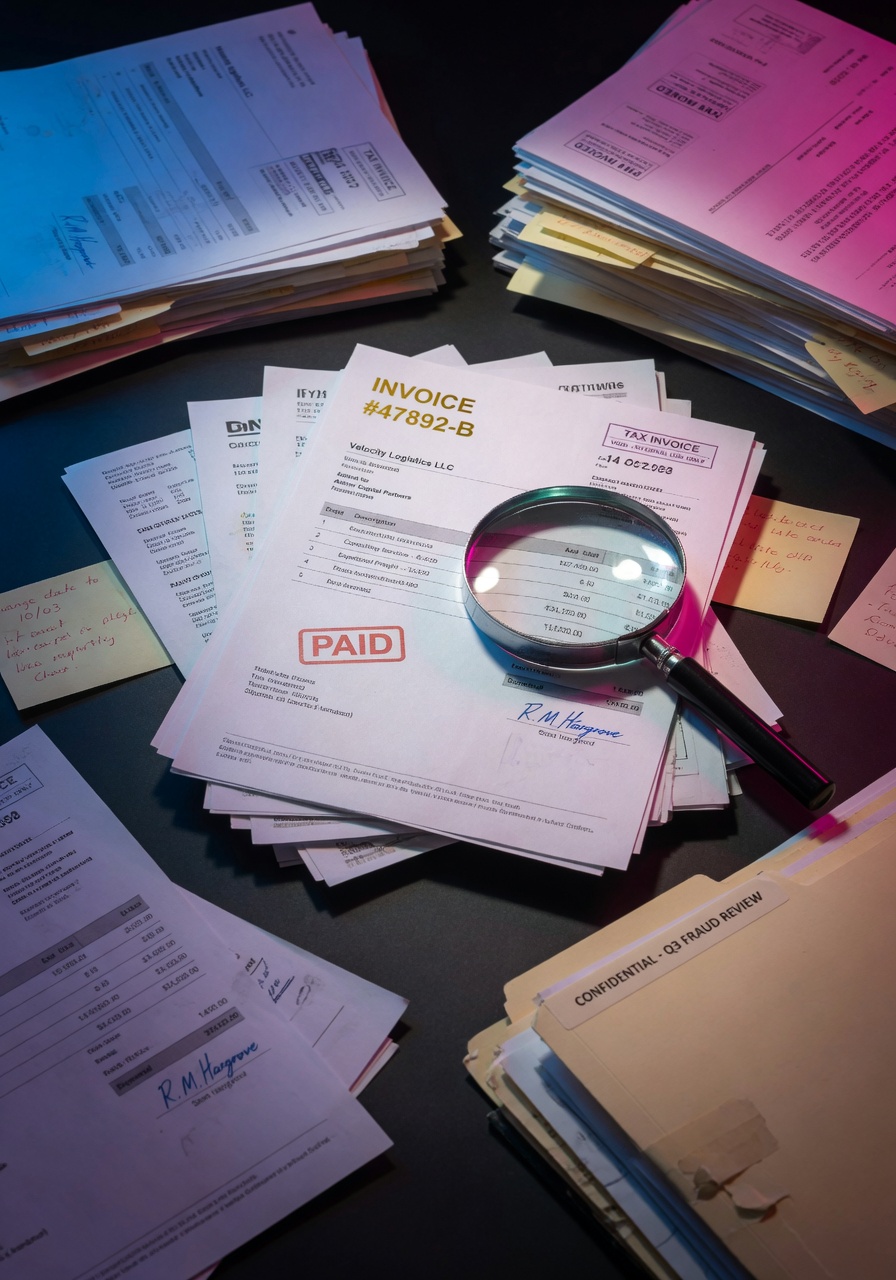 Ultra-realistic 8K photograph of stacks of fake invoices and fraudulent documents being examined under dramatic lighting with magnifying glass