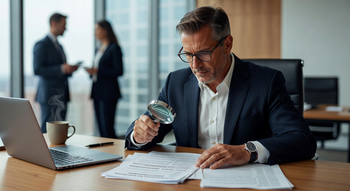 Ultra-detailed 8K photograph of a CPA auditor examining nonprofit financial records with magnifying glass, professional setting