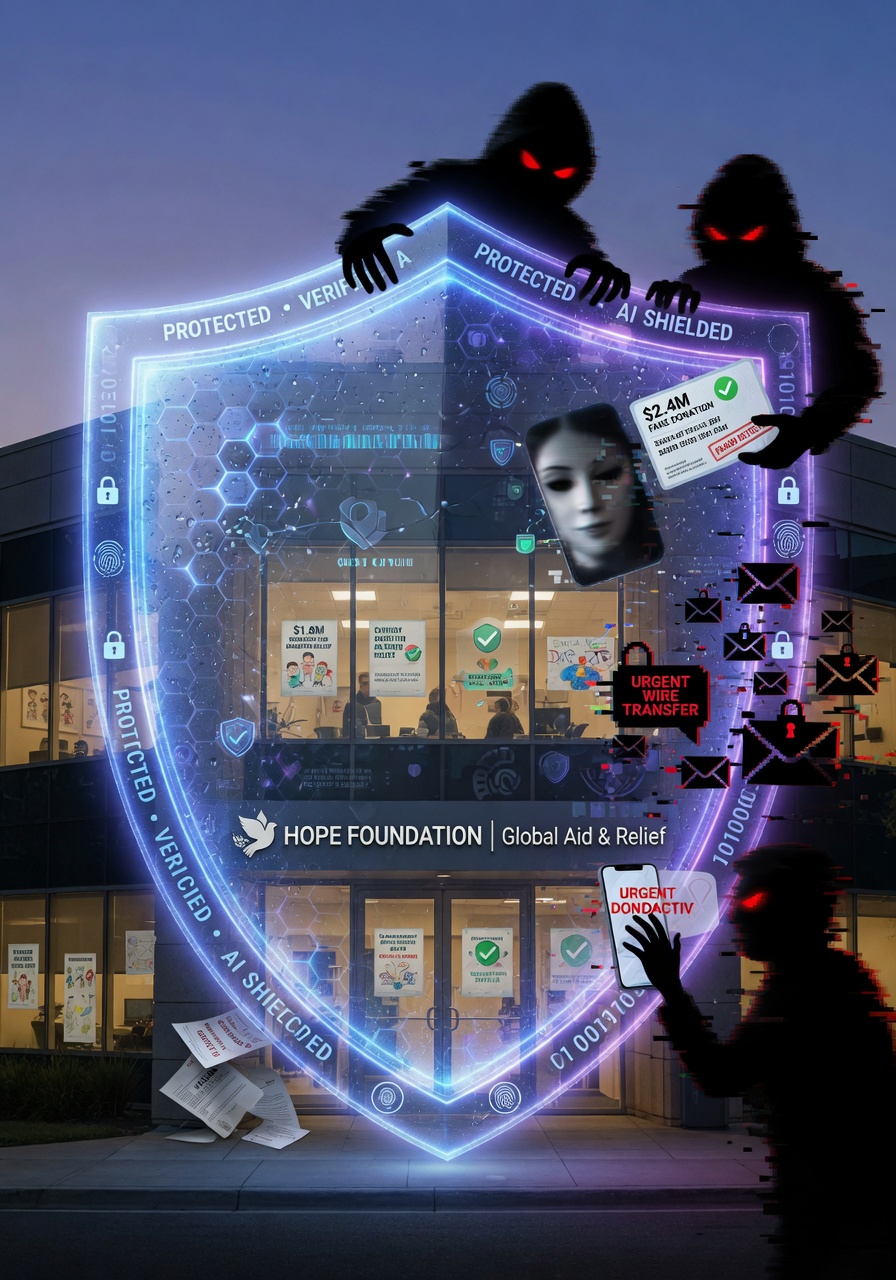 Ultra-realistic 8K image of a digital shield protecting a charitable organization building from dark shadowy fraud attempts with AI elements