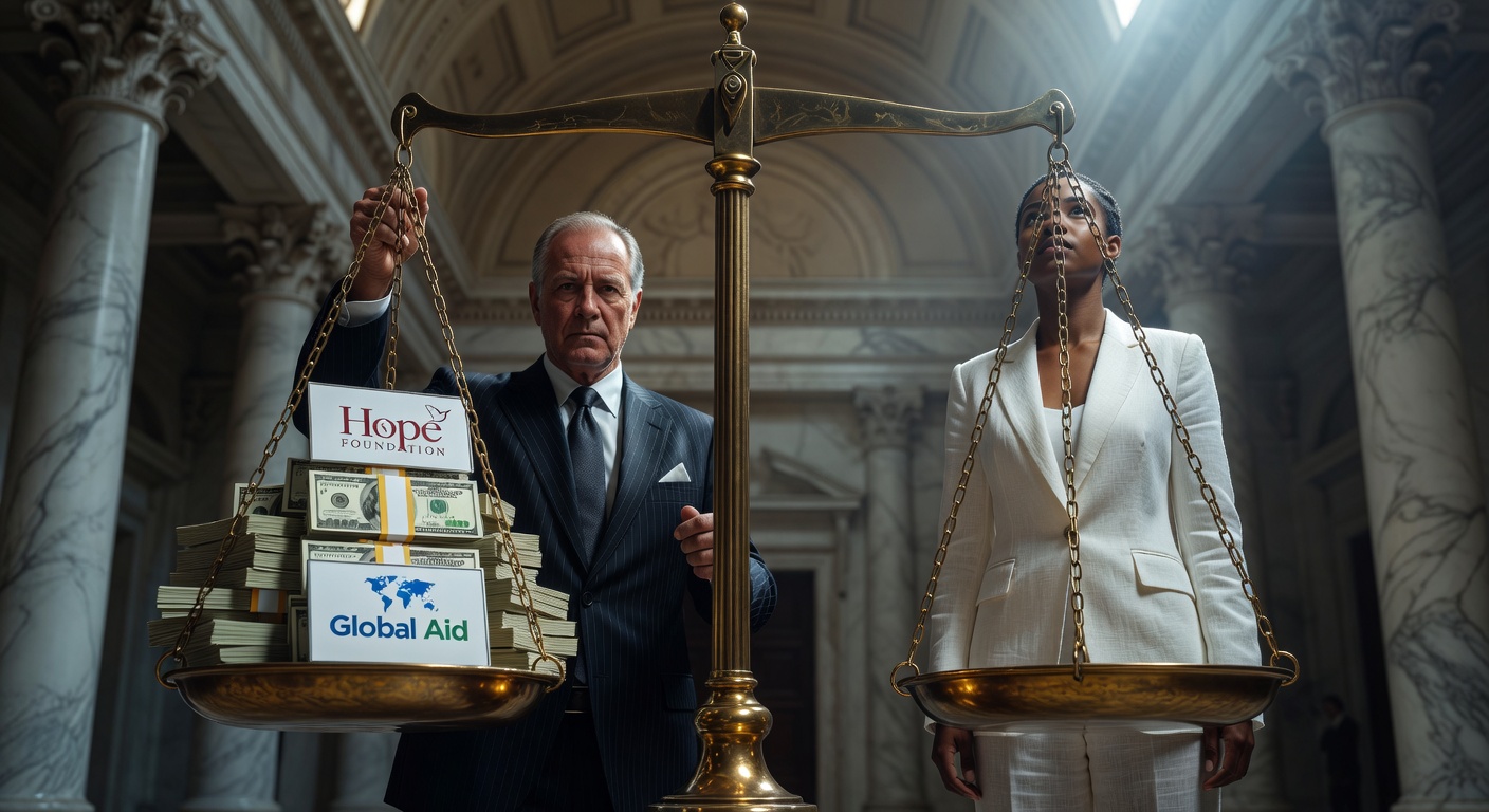 Cinematic 8K image showing the scales of justice unbalanced with nonprofit logos and money, symbolic fraud representation