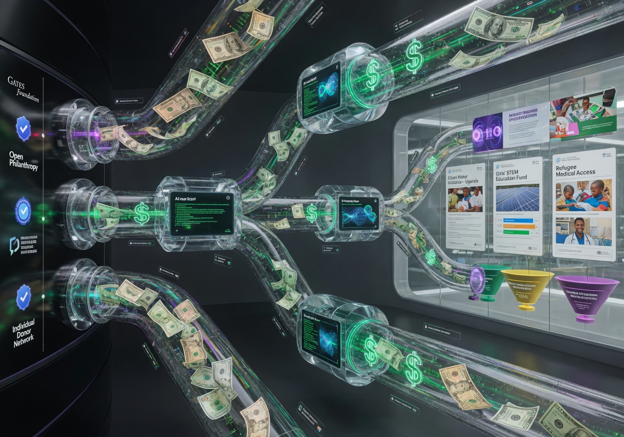 Ultra-realistic 8K cinematic view of money flowing through transparent pipes from donors to legitimate nonprofit programs with AI monitoring nodes