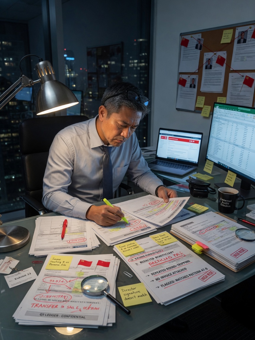 Ultra-realistic 8K image of a professional investigator examining financial documents with red flags highlighted in a modern office setting, dramatic lighting, serious expression, shallow depth of field